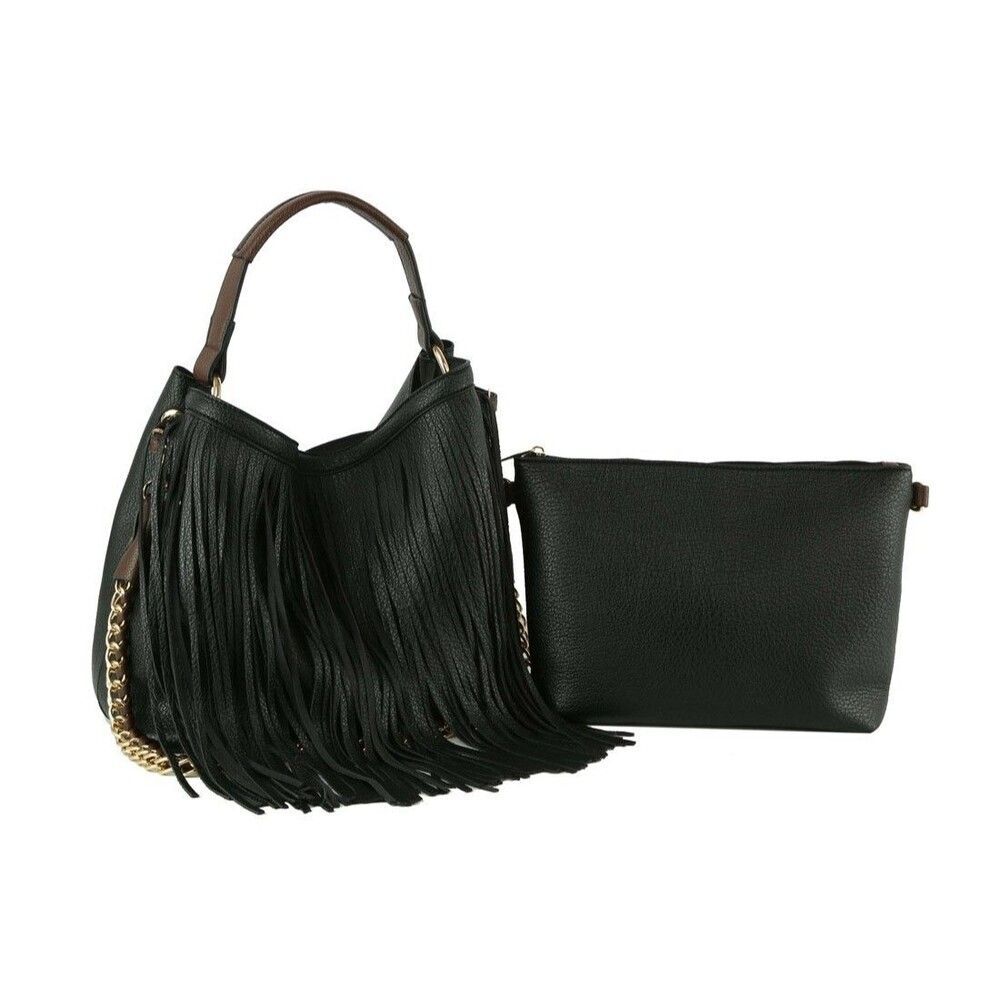 Women Black Fringe Tassel Hobo Handbag With Inner Pouch Crossbody Strap Included - Picture 1 of 2